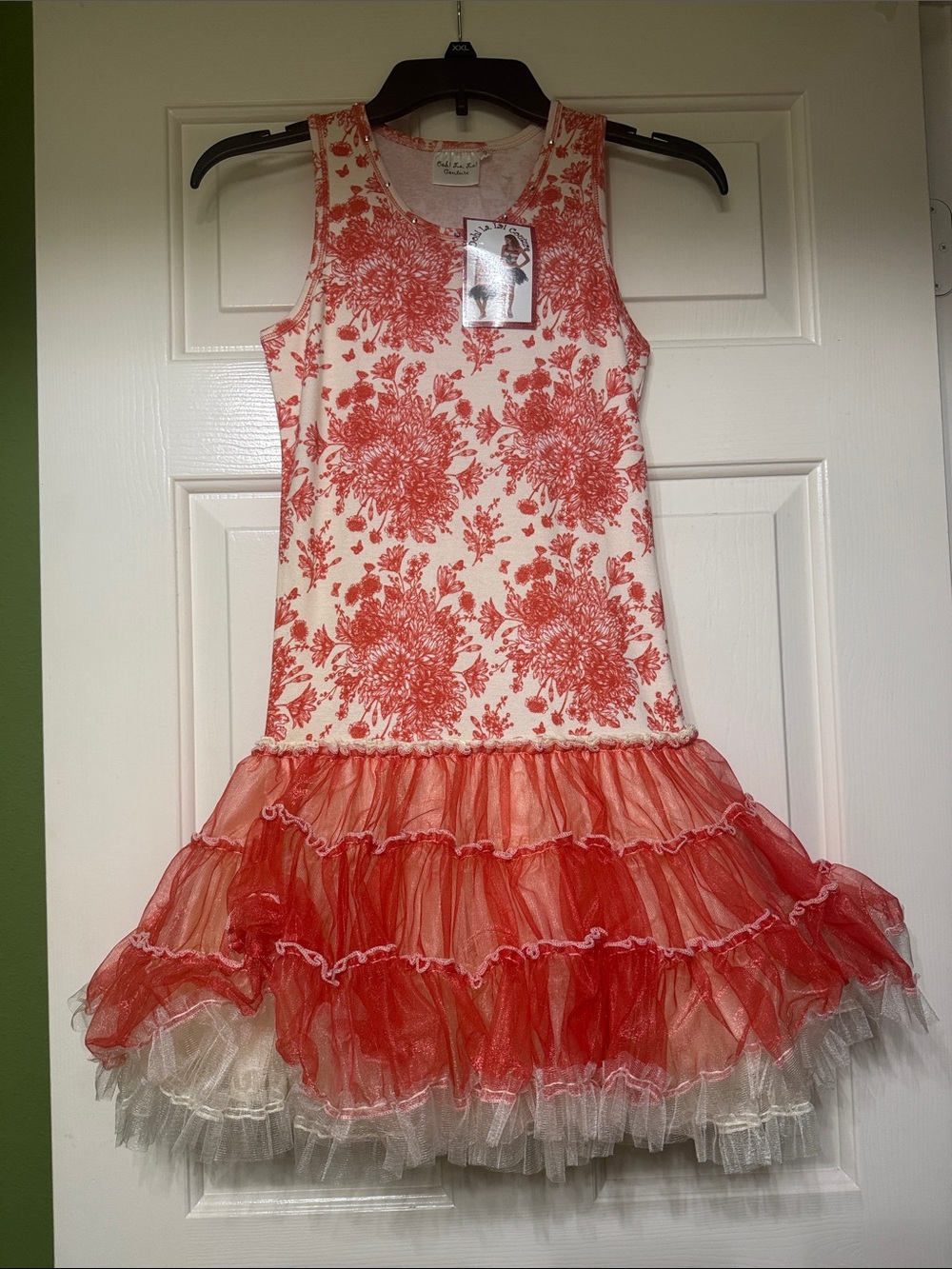 Ooh! La, La! Couture Coral and Cream Floral Tank Dress with Rhinestone Detail